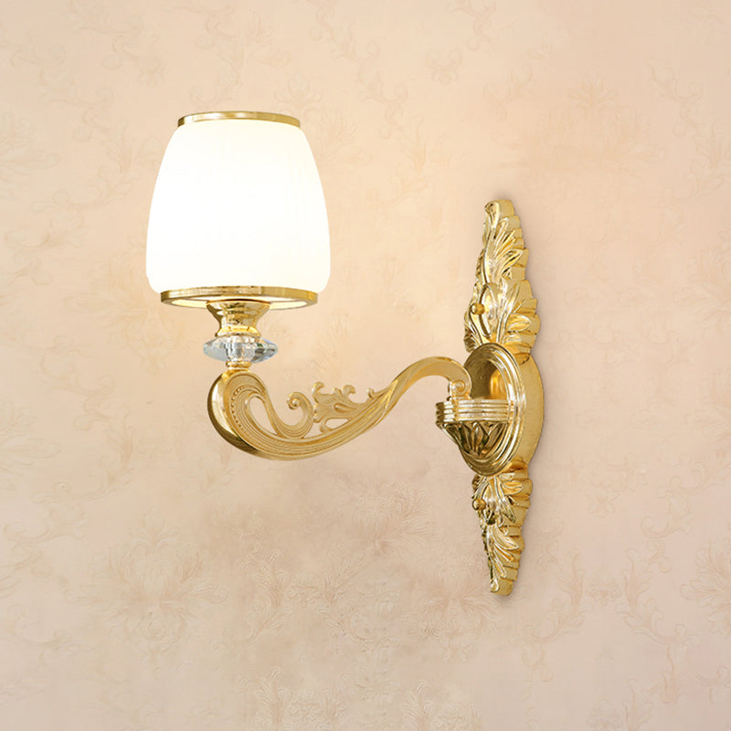 Gold Shaded Wall Lighting Simplicity Opal Glass Corridor Wall Light Fixture with Curved Arm 1.0 Gold E Clearhalo 'Wall Lamps & Sconces' 'Wall Lights' Lighting' 2198265