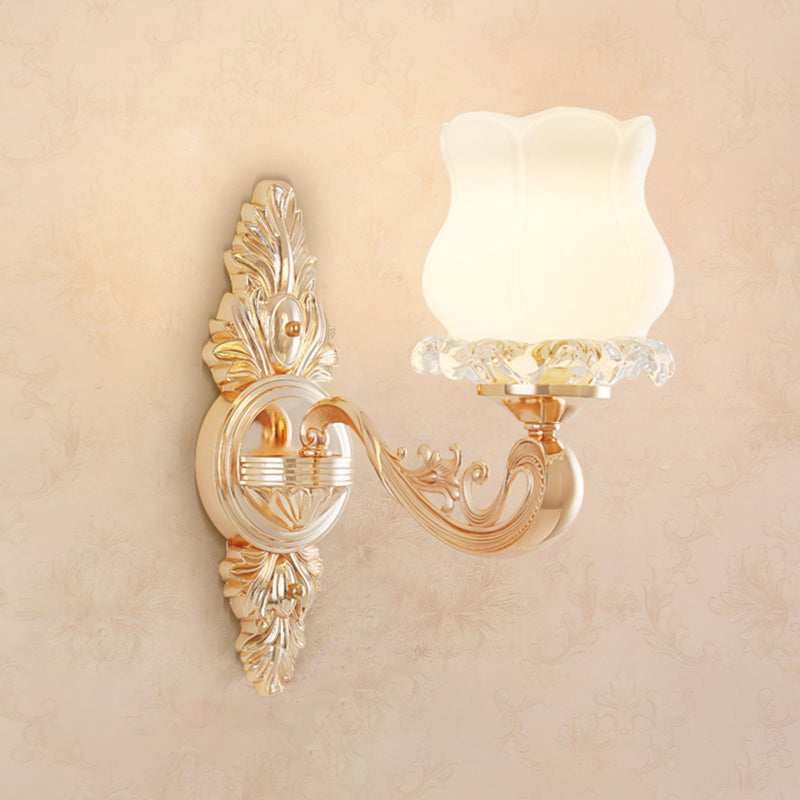 Gold Shaded Wall Lighting Simplicity Opal Glass Corridor Wall Light Fixture with Curved Arm 1.0 Gold F Clearhalo 'Wall Lamps & Sconces' 'Wall Lights' Lighting' 2198267