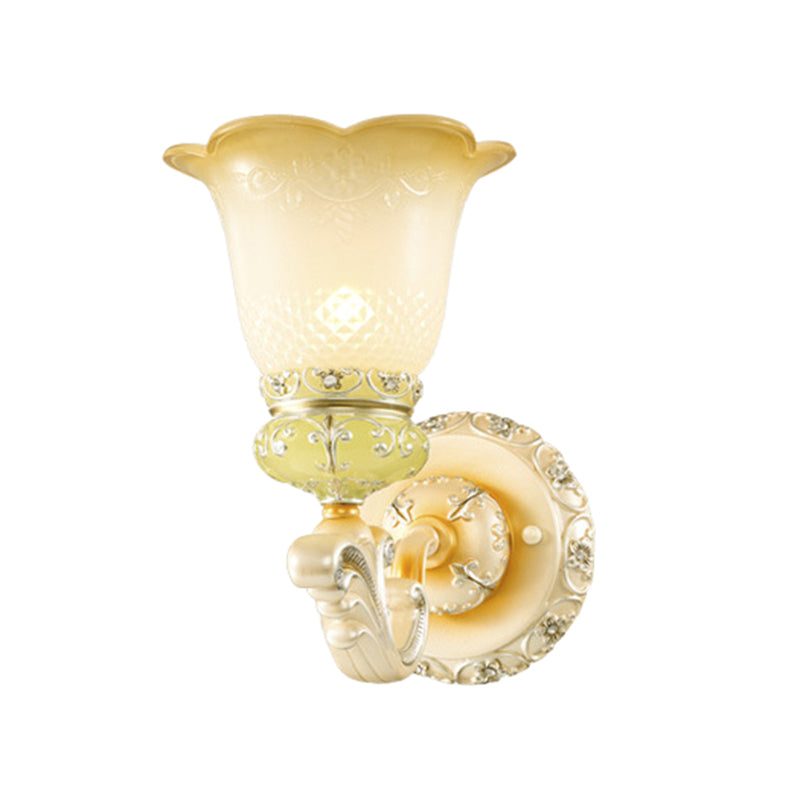 Ruffled Floral Beige Glass Wall Lamp Retro Style Living Room Wall Light Fixture with Crystal Draping Beige C Clearhalo 'Wall Lamps & Sconces' 'Wall Lights' Lighting' 2198312