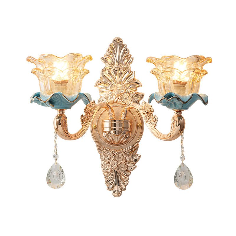 Gold Floral Wall Light Fixture Vintage Glass Living Room Wall Mounted Lamp with Crystal Accent Clearhalo 'Wall Lamps & Sconces' 'Wall Lights' Lighting' 2198335