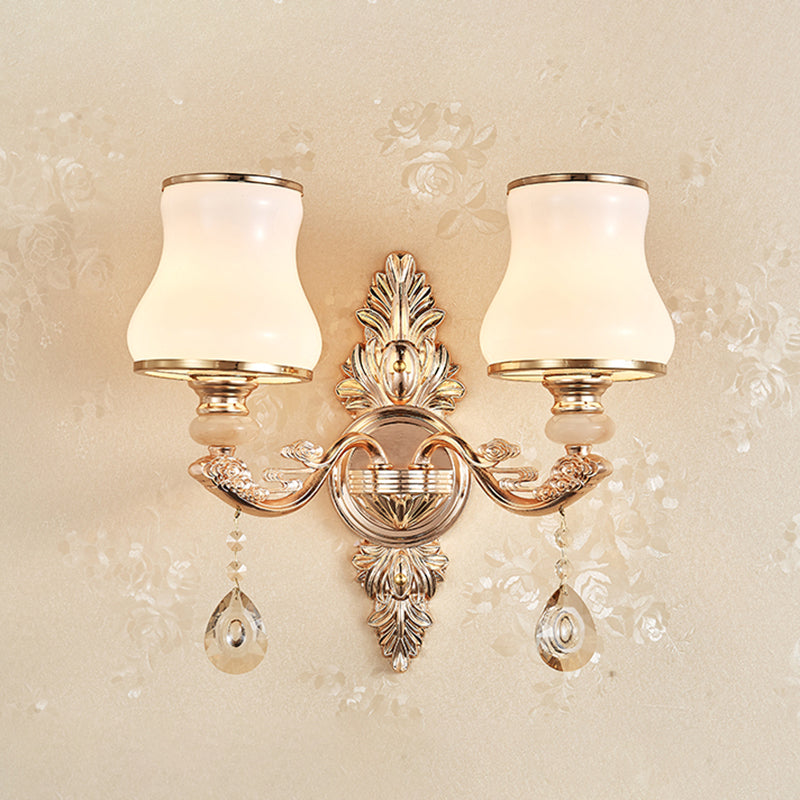 Gold Wall Lamp Simplicity Cream Glass Flower Wall Light Fixture with Crystal Draping 2.0 Gold D Clearhalo 'Wall Lamps & Sconces' 'Wall Lights' Lighting' 2198375