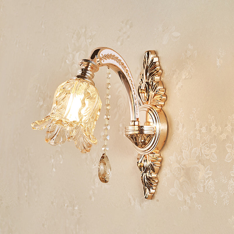 Gold Wall Lamp Simplicity Cream Glass Flower Wall Light Fixture with Crystal Draping 1.0 Gold C Clearhalo 'Wall Lamps & Sconces' 'Wall Lights' Lighting' 2198379