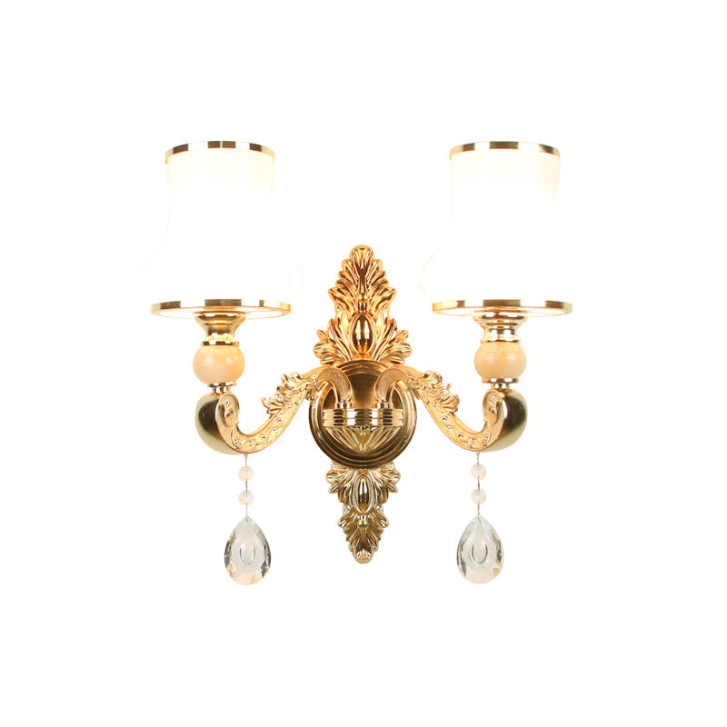 Opal Glass Gold Wall Light Flower Shade Antique Wall Lighting Fixture with Crystal Accent Clearhalo 'Wall Lamps & Sconces' 'Wall Lights' Lighting' 2198386