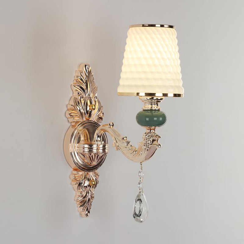 Traditional Tapered Wall Mount Light Textured Glass Wall Light Fixture with Hanging Crystal in Gold 1.0 Gold A Clearhalo 'Wall Lamps & Sconces' 'Wall Lights' Lighting' 2198388