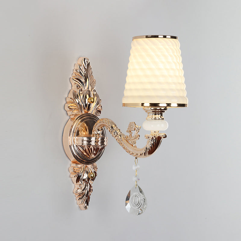 Tapered Textured Glass Wall Light Fixture Vintage Corridor Wall Mounted Lamp with Crystal Draping in Gold Clearhalo 'Wall Lamps & Sconces' 'Wall Lights' Lighting' 2198396