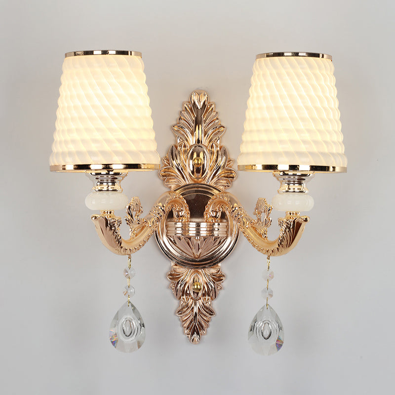 Tapered Textured Glass Wall Light Fixture Vintage Corridor Wall Mounted Lamp with Crystal Draping in Gold Clearhalo 'Wall Lamps & Sconces' 'Wall Lights' Lighting' 2198399