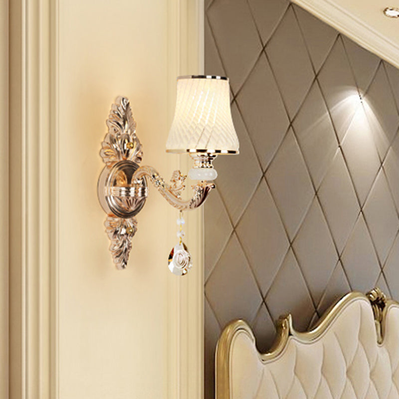 Tapered Textured Glass Wall Light Fixture Vintage Corridor Wall Mounted Lamp with Crystal Draping in Gold 1.0 Gold B Clearhalo 'Wall Lamps & Sconces' 'Wall Lights' Lighting' 2198400