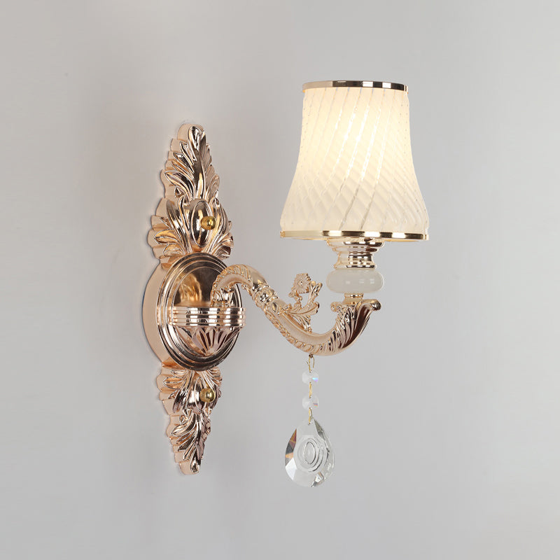 Tapered Textured Glass Wall Light Fixture Vintage Corridor Wall Mounted Lamp with Crystal Draping in Gold Clearhalo 'Wall Lamps & Sconces' 'Wall Lights' Lighting' 2198401