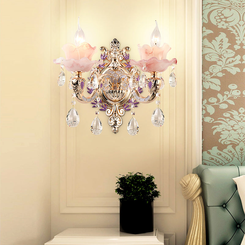 Gold Floral Ruffle Wall Lamp Retro Pink Glass Living Room Wall Light Fixture with Hanging Crystal 2.0 Gold Clearhalo 'Wall Lamps & Sconces' 'Wall Lights' Lighting' 2198410