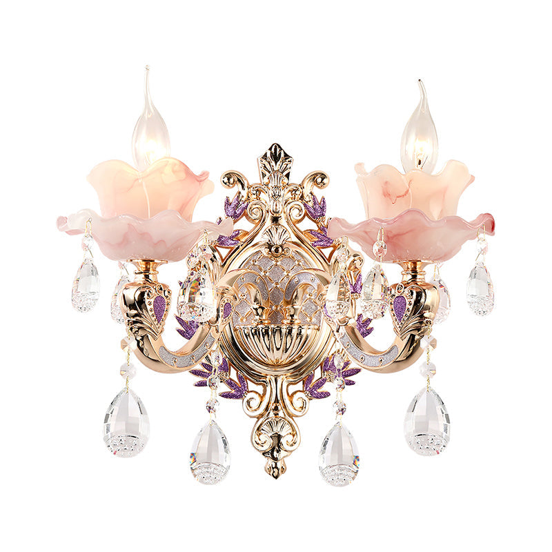 Gold Floral Ruffle Wall Lamp Retro Pink Glass Living Room Wall Light Fixture with Hanging Crystal Clearhalo 'Wall Lamps & Sconces' 'Wall Lights' Lighting' 2198412