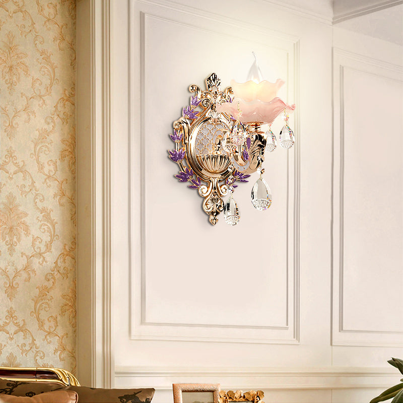 Gold Floral Ruffle Wall Lamp Retro Pink Glass Living Room Wall Light Fixture with Hanging Crystal 1.0 Gold Clearhalo 'Wall Lamps & Sconces' 'Wall Lights' Lighting' 2198413