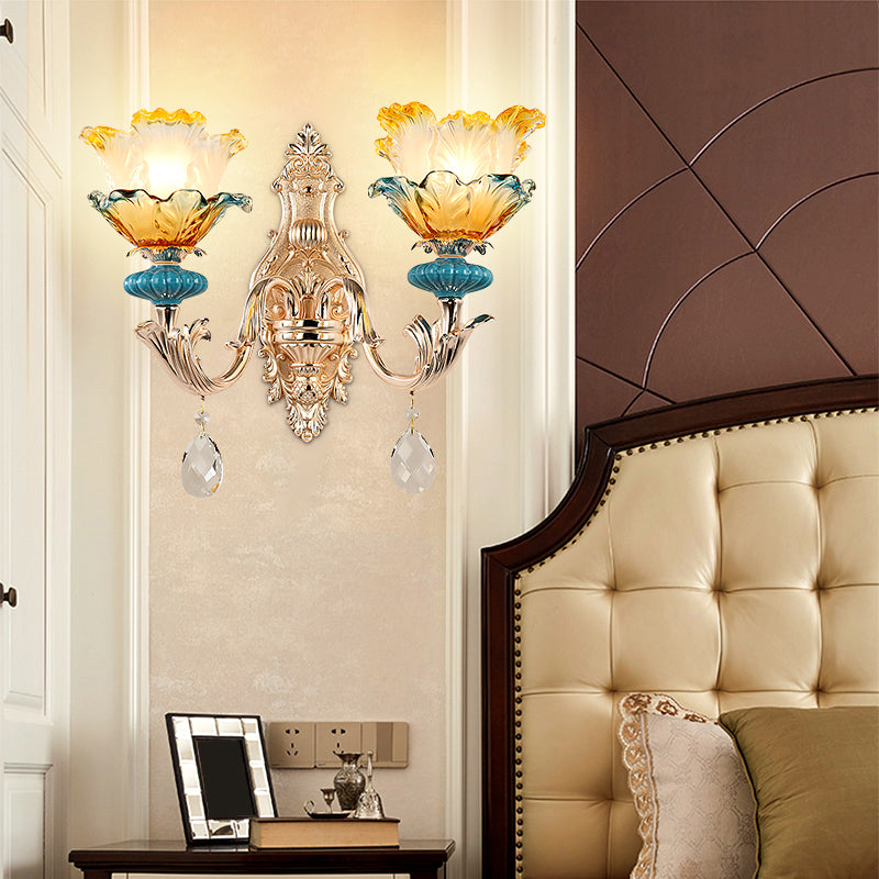 Traditional Flower Wall Mount Light Ruffle Glass Wall Light Fixture with Crystal Draping in Gold 2.0 Gold Clearhalo 'Wall Lamps & Sconces' 'Wall Lights' Lighting' 2198416