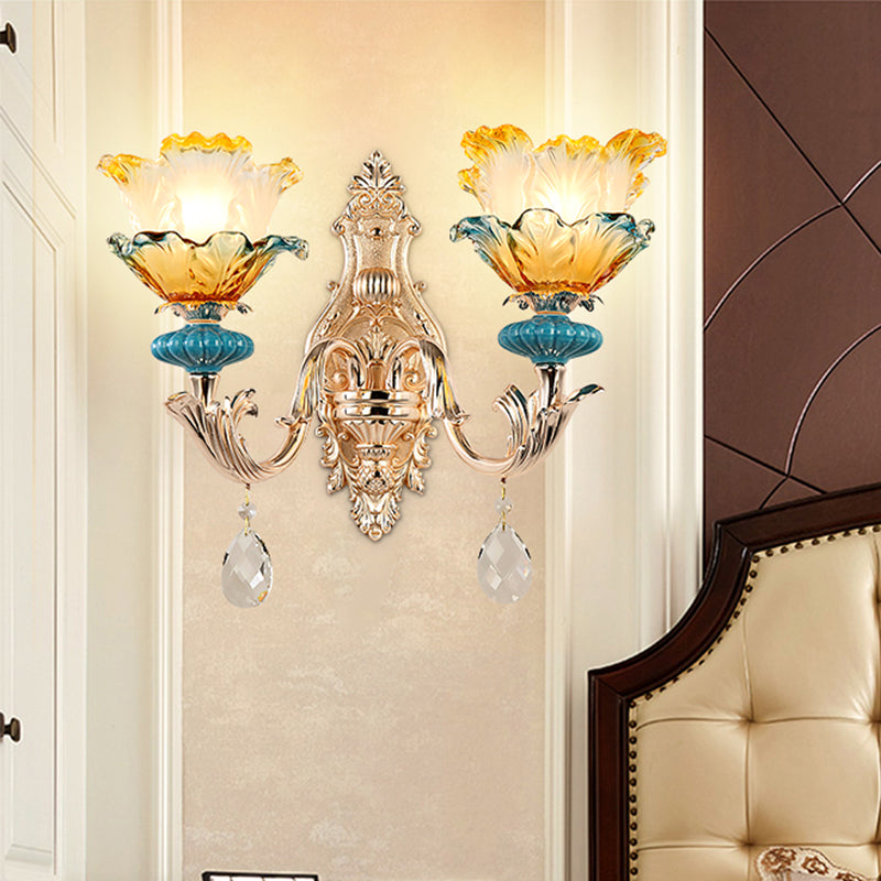 Traditional Flower Wall Mount Light Ruffle Glass Wall Light Fixture with Crystal Draping in Gold Clearhalo 'Wall Lamps & Sconces' 'Wall Lights' Lighting' 2198419