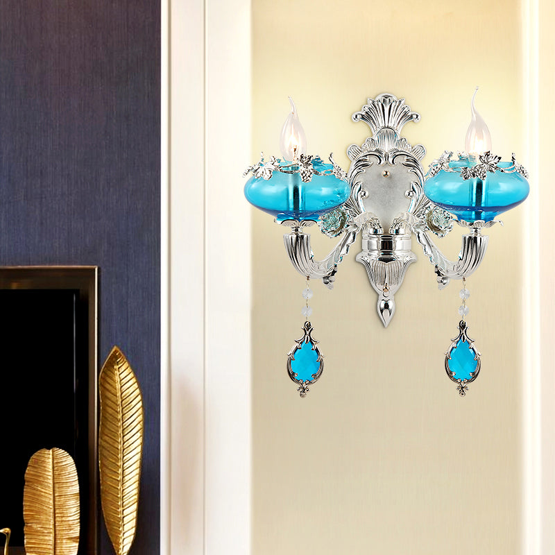 Oblate Blue Glass Wall Light Fixture Vintage Corridor Wall Mounted Lamp with Crystal Accent in Silver 2.0 Silver Clearhalo 'Wall Lamps & Sconces' 'Wall Lights' Lighting' 2198422