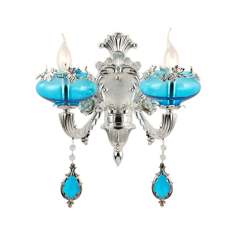 Oblate Blue Glass Wall Light Fixture Vintage Corridor Wall Mounted Lamp with Crystal Accent in Silver Clearhalo 'Wall Lamps & Sconces' 'Wall Lights' Lighting' 2198424