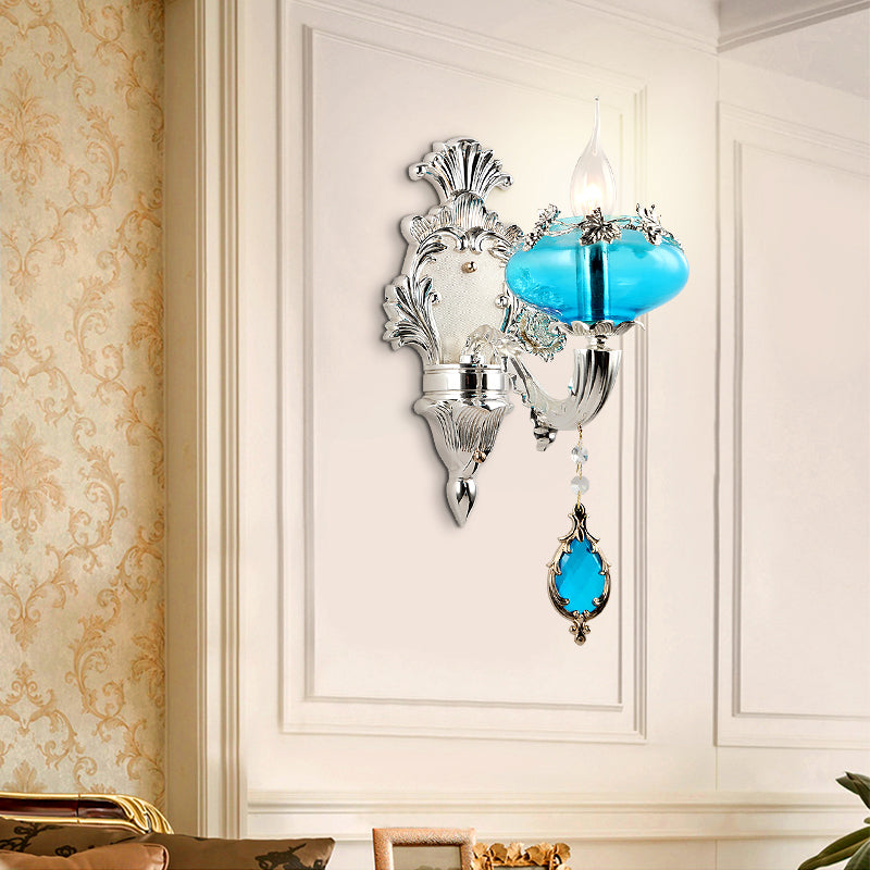 Oblate Blue Glass Wall Light Fixture Vintage Corridor Wall Mounted Lamp with Crystal Accent in Silver Clearhalo 'Wall Lamps & Sconces' 'Wall Lights' Lighting' 2198426