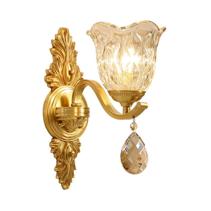 Handblown Glass Scalloped Bell Wall Lamp Simplicity Single Corridor Wall Light with Crystal Draping in Gold Clearhalo 'Wall Lamps & Sconces' 'Wall Lights' Lighting' 2198439