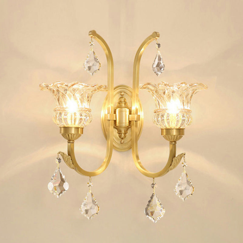 Ruffle Glass Gold Wall Light Floral Antique Wall Lighting Fixture with Crystal Draping Clearhalo 'Wall Lamps & Sconces' 'Wall Lights' Lighting' 2198444