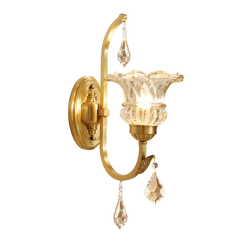 Ruffle Glass Gold Wall Light Floral Antique Wall Lighting Fixture with Crystal Draping Clearhalo 'Wall Lamps & Sconces' 'Wall Lights' Lighting' 2198447