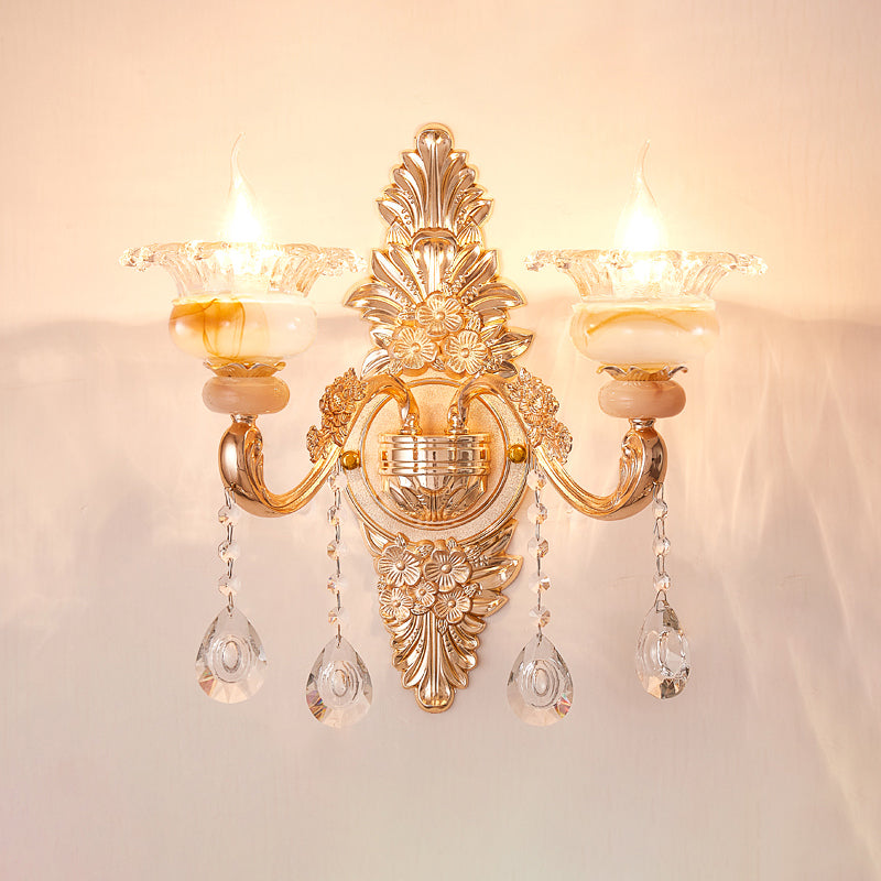 Gold Floral Ruffle Wall Mount Light Traditional Glass Corridor Wall Light Fixture with Crystal Accent Clearhalo 'Wall Lamps & Sconces' 'Wall Lights' Lighting' 2198453