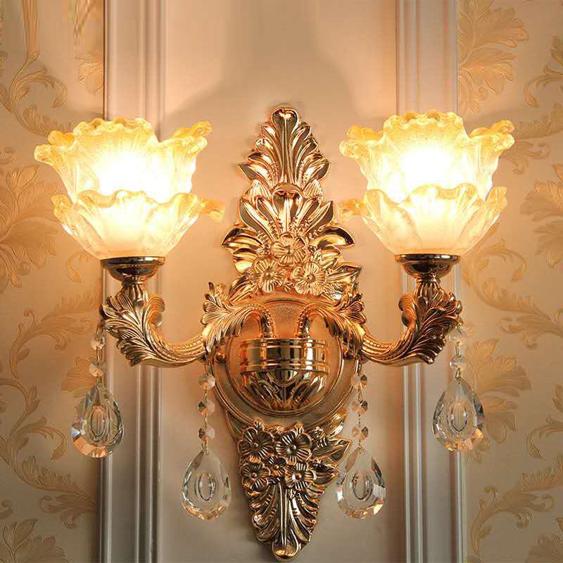 Gold Wall Light Fixture Vintage Frosted Glass Ruffle Flower Wall Mounted Lamp with Hanging Crystal 2.0 Gold Clearhalo 'Wall Lamps & Sconces' 'Wall Lights' Lighting' 2198466