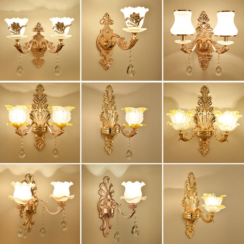 Gold Wall Mount Light Retro Glass Floral Shade Wall Lighting with Hanging Crystal Clearhalo 'Wall Lamps & Sconces' 'Wall Lights' Lighting' 2198533