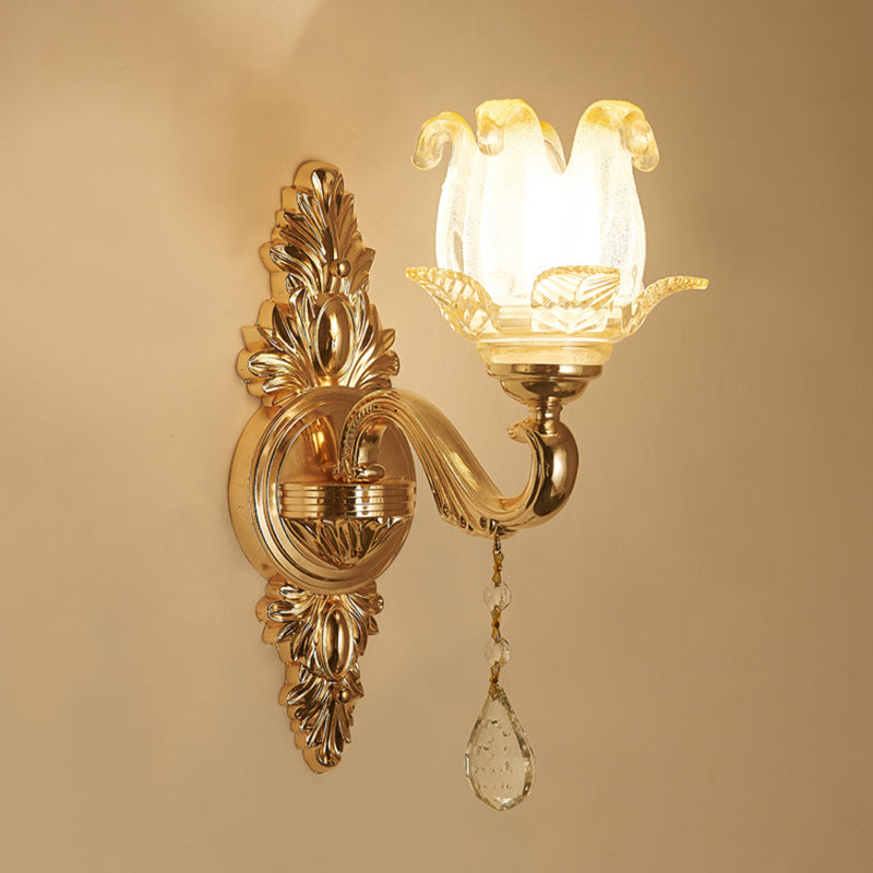 Retro Style Flower Wall Lamp Glass Wall Light Fixture with Crystal Draping in Gold Clearhalo 'Wall Lamps & Sconces' 'Wall Lights' Lighting' 2198555