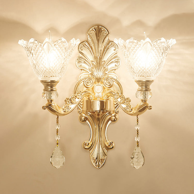 Flower Textured Glass Wall Light Antique Living Room Wall Lighting Fixture with Crystal Accent in Gold Clearhalo 'Wall Lamps & Sconces' 'Wall Lights' Lighting' 2198560