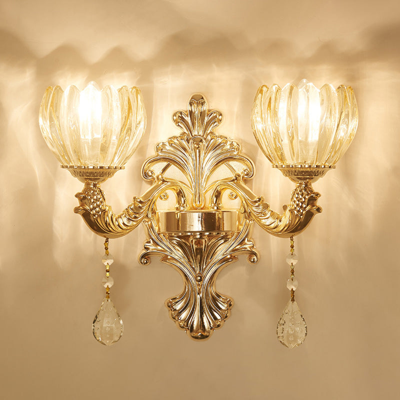 Flower Textured Glass Wall Light Antique Living Room Wall Lighting Fixture with Crystal Accent in Gold Clearhalo 'Wall Lamps & Sconces' 'Wall Lights' Lighting' 2198564