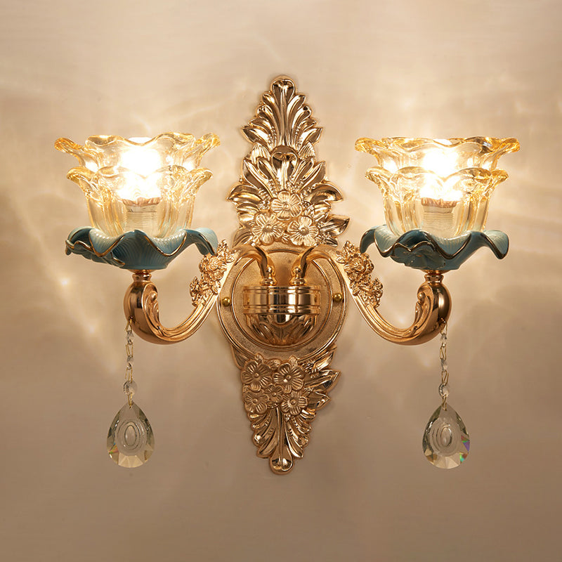 Brown Glass Floral Ruffle Wall Light Fixture Vintage Corridor Wall Mounted Lamp with Hanging Crystal in Gold Clearhalo 'Wall Lamps & Sconces' 'Wall Lights' Lighting' 2198583