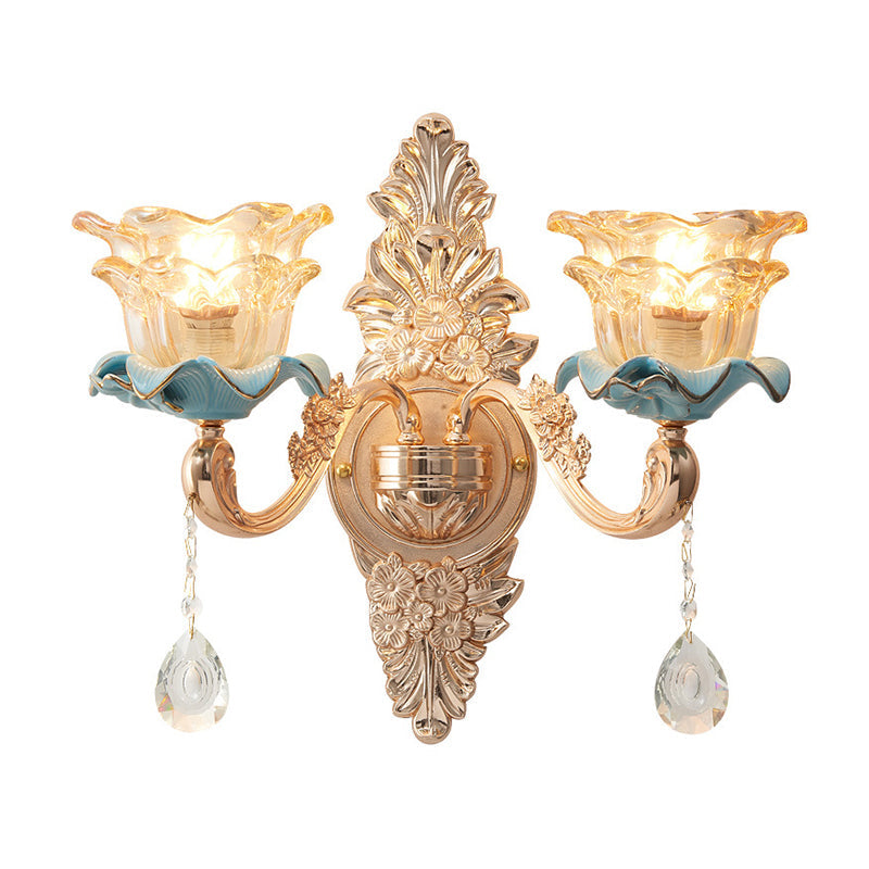 Brown Glass Floral Ruffle Wall Light Fixture Vintage Corridor Wall Mounted Lamp with Hanging Crystal in Gold Clearhalo 'Wall Lamps & Sconces' 'Wall Lights' Lighting' 2198585