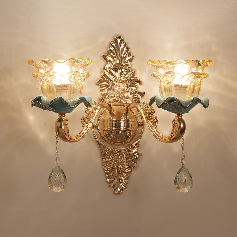 Brown Glass Floral Ruffle Wall Light Fixture Vintage Corridor Wall Mounted Lamp with Hanging Crystal in Gold Clearhalo 'Wall Lamps & Sconces' 'Wall Lights' Lighting' 2198586