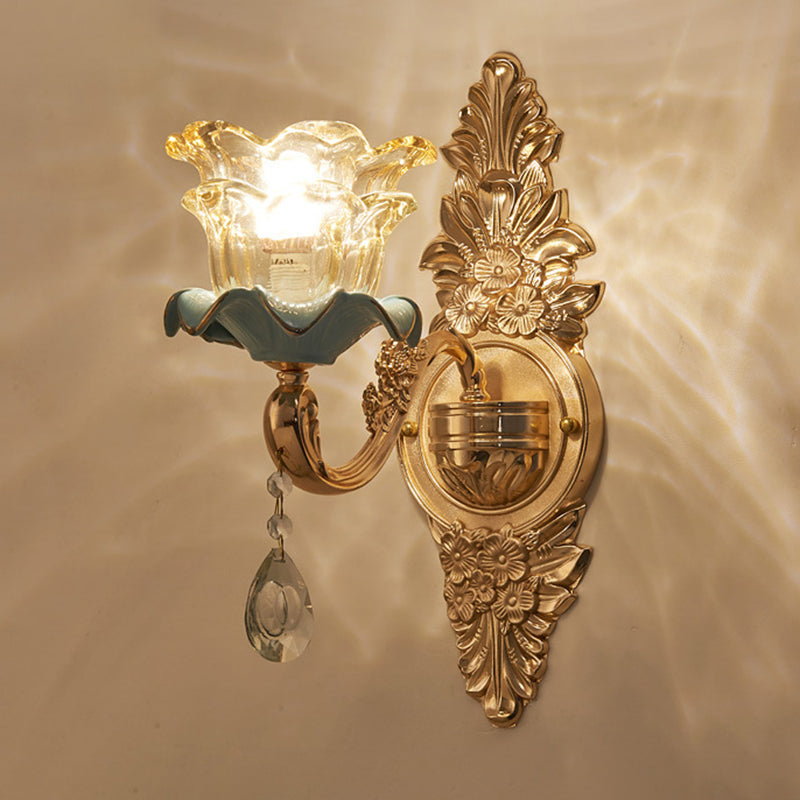 Brown Glass Floral Ruffle Wall Light Fixture Vintage Corridor Wall Mounted Lamp with Hanging Crystal in Gold Clearhalo 'Wall Lamps & Sconces' 'Wall Lights' Lighting' 2198588