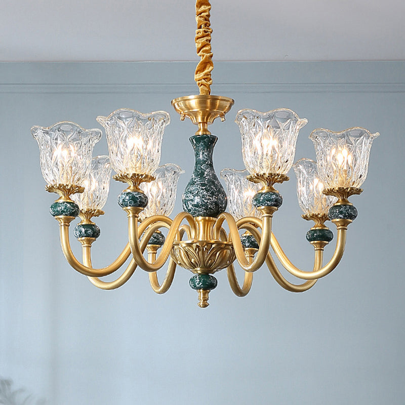 Traditional Flared Ceiling Lighting Carved Glass Chandelier Light Fixture with Ruffle Edge in Brass Clearhalo 'Ceiling Lights' 'Chandeliers' Lighting' options 2198619