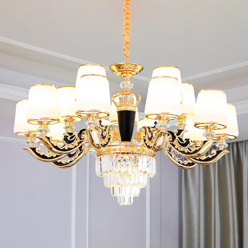 White Glass Tapered Ceiling Lighting Traditional Living Room Chandelier Light with Layered Crystal Decor Clearhalo 'Ceiling Lights' 'Chandeliers' Lighting' options 2198717