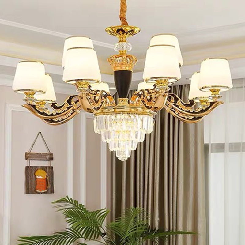 White Glass Tapered Ceiling Lighting Traditional Living Room Chandelier Light with Layered Crystal Decor Clearhalo 'Ceiling Lights' 'Chandeliers' Lighting' options 2198720