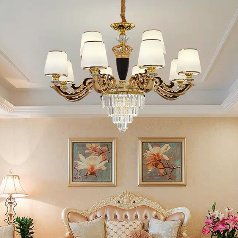 White Glass Tapered Ceiling Lighting Traditional Living Room Chandelier Light with Layered Crystal Decor Clearhalo 'Ceiling Lights' 'Chandeliers' Lighting' options 2198721