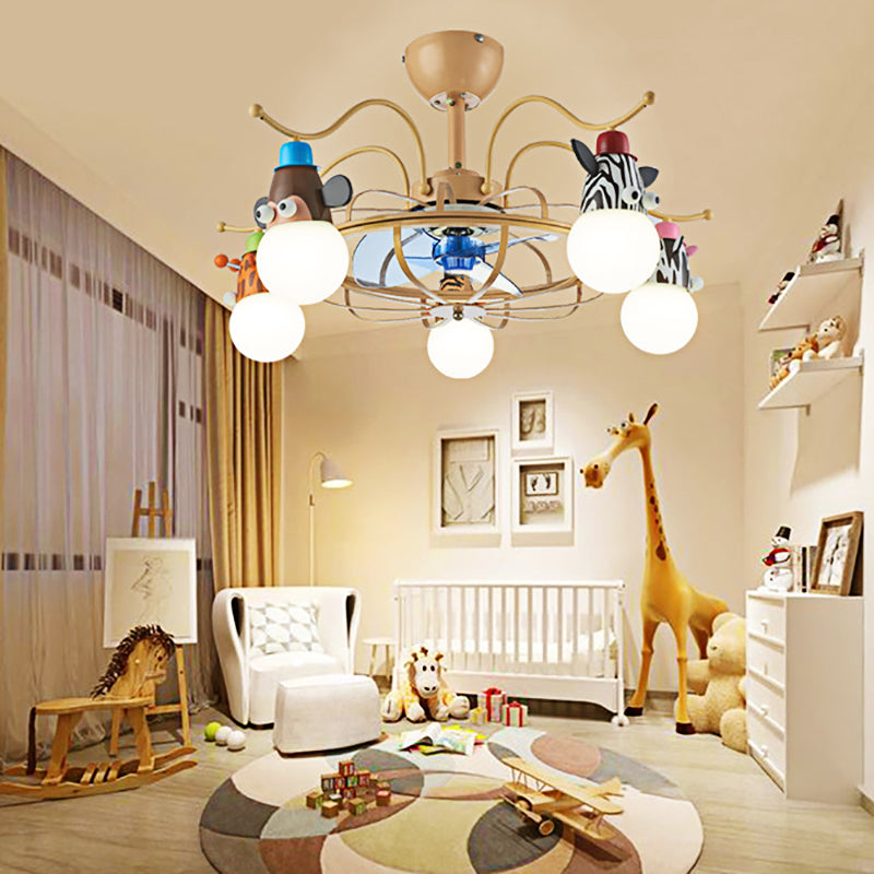 Metal Frame Ceiling Fan Light Cartoon Style 5 Lights Golden Semi-Flush Mount Light with Animals Deco Clearhalo 'Ceiling Fans with Lights' 'Ceiling Fans' 'Kids Ceiling Fans' 'Kids' Lighting' 220446