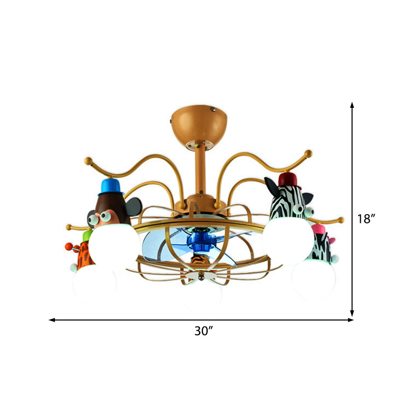 Metal Frame Ceiling Fan Light Cartoon Style 5 Lights Golden Semi-Flush Mount Light with Animals Deco Clearhalo 'Ceiling Fans with Lights' 'Ceiling Fans' 'Kids Ceiling Fans' 'Kids' Lighting' 220448