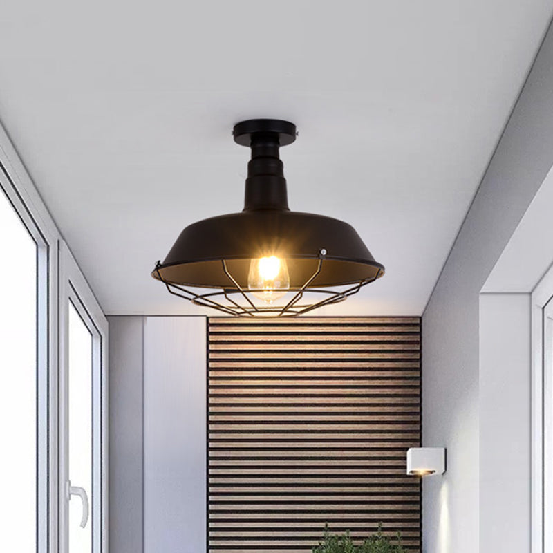 Metallic Shaded Flush Mount Lighting Retro Style Single-Bulb Corridor Semi Flush Ceiling Light in Black Clearhalo 'Ceiling Lights' 'Close To Ceiling Lights' 'Close to ceiling' 'Flush mount' 'Industrial Flush Mount' Lighting' 2204598