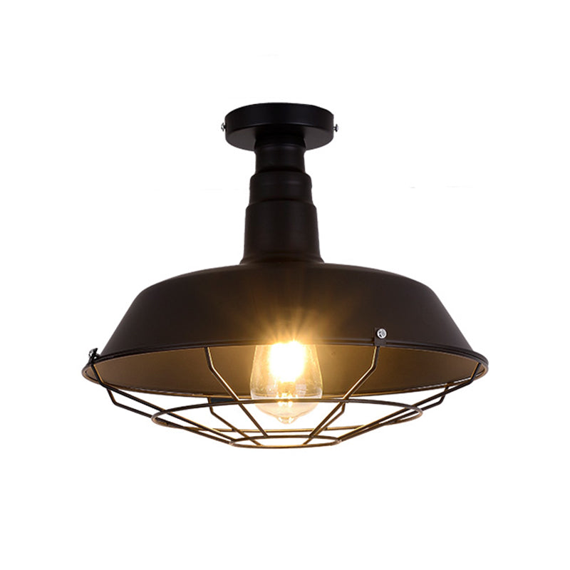 Metallic Shaded Flush Mount Lighting Retro Style Single-Bulb Corridor Semi Flush Ceiling Light in Black Black Large D Clearhalo 'Ceiling Lights' 'Close To Ceiling Lights' 'Close to ceiling' 'Flush mount' 'Industrial Flush Mount' Lighting' 2204600