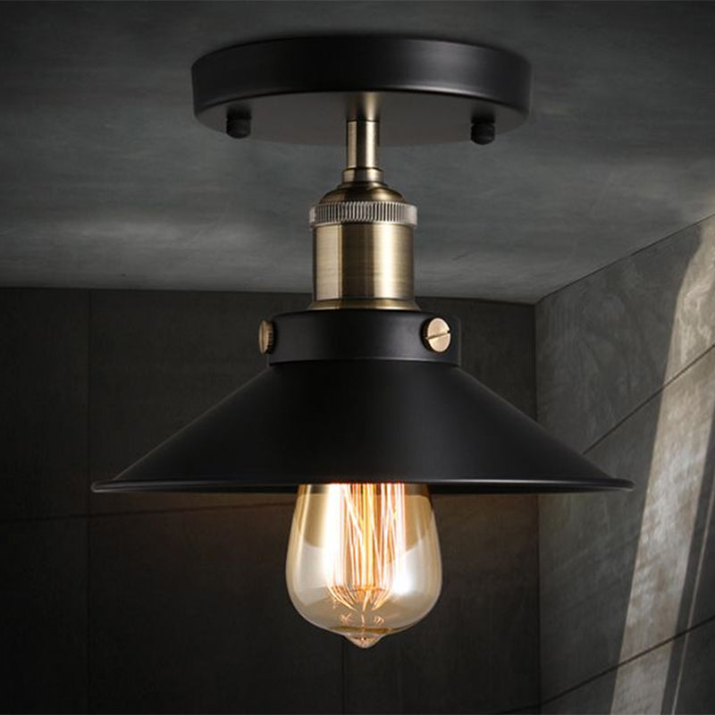 Black Flared Shade Semi Flush Light Industrial 1������Bulb Corridor Ceiling Flush Mount Black Clearhalo 'Ceiling Lights' 'Close To Ceiling Lights' 'Close to ceiling' 'Semi-flushmount' Lighting' 2204609