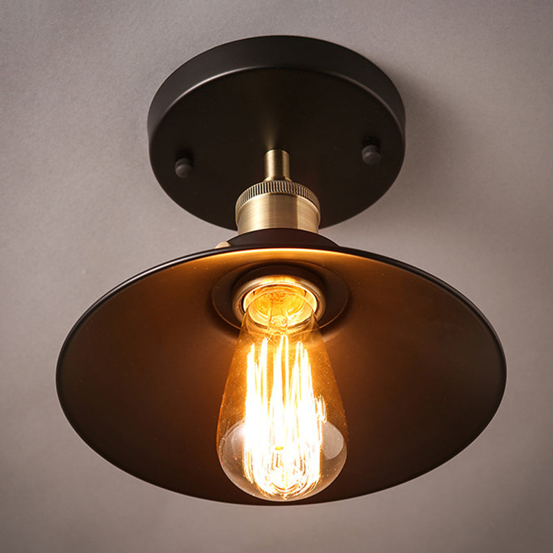 Black Flared Shade Semi Flush Light Industrial 1������Bulb Corridor Ceiling Flush Mount Clearhalo 'Ceiling Lights' 'Close To Ceiling Lights' 'Close to ceiling' 'Semi-flushmount' Lighting' 2204611