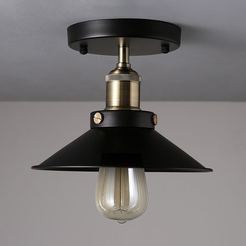 Black Flared Shade Semi Flush Light Industrial 1������Bulb Corridor Ceiling Flush Mount Clearhalo 'Ceiling Lights' 'Close To Ceiling Lights' 'Close to ceiling' 'Semi-flushmount' Lighting' 2204613