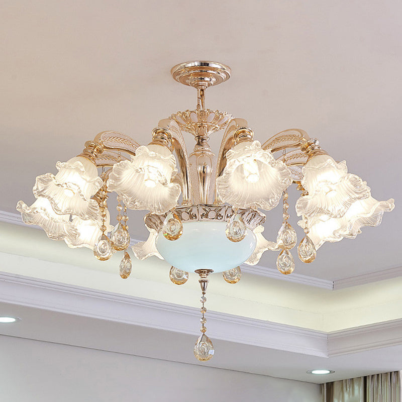 Vintage Floral Chandelier Pendant Light Ribbed Ruffle Glass Hanging Light with Crystal Accent Clearhalo 'Ceiling Lights' 'Chandeliers' Lighting' options 2204983