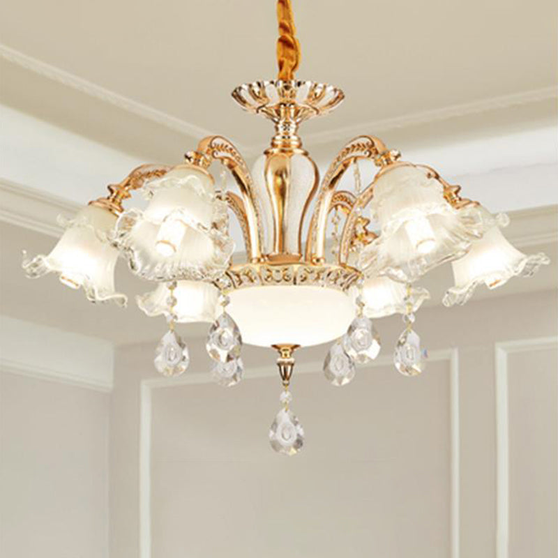 Vintage Floral Chandelier Pendant Light Ribbed Ruffle Glass Hanging Light with Crystal Accent Clearhalo 'Ceiling Lights' 'Chandeliers' Lighting' options 2204988