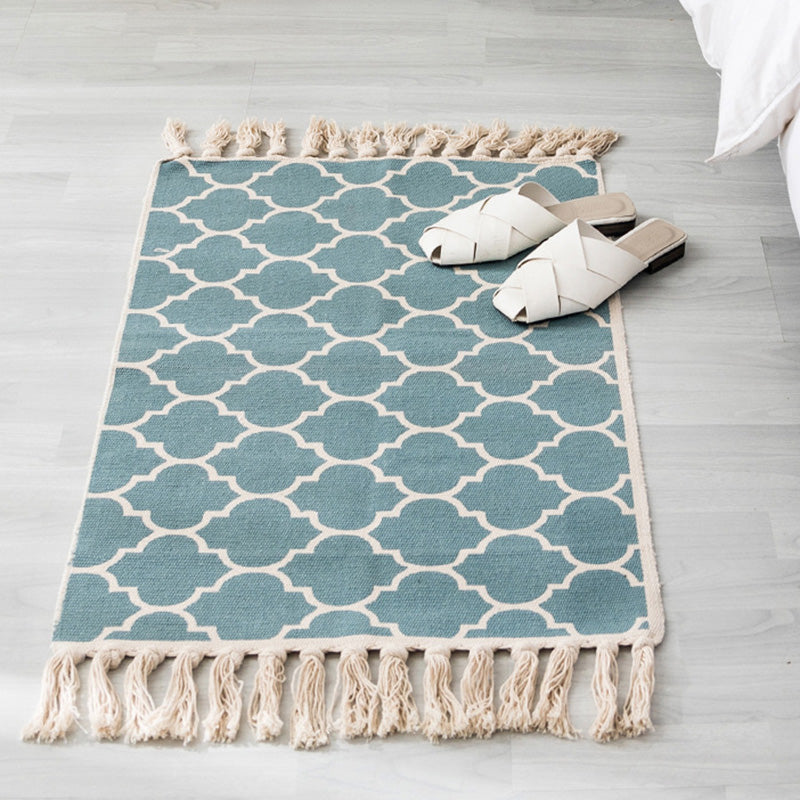 Multi Color Boho Rug Cotton Blend Southwestern Pattern Carpet Handmade Machine Washable Rug with Tassel for Decoration Lake Green 2' x 2'11