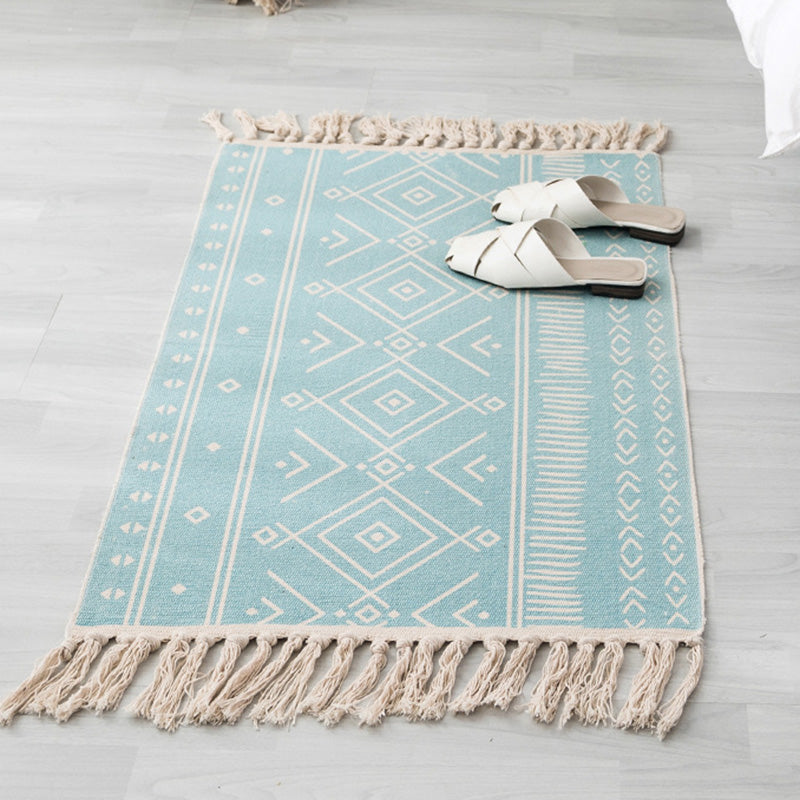 Multi Color Boho Rug Cotton Blend Southwestern Pattern Carpet Handmade Machine Washable Rug with Tassel for Decoration Sky Blue 2' x 2'11