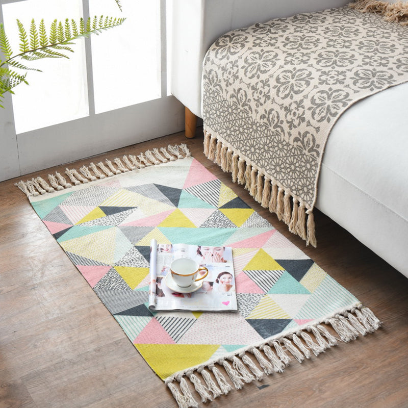 Western Bedroom Rug Multi-Colored Geometric Print Carpet Cotton Blend Machine Washable Easy Care Rug with Fringe Yellow 2' x 2'11