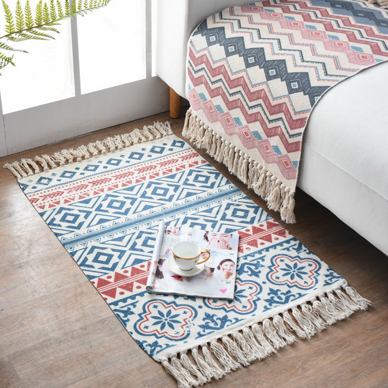 Western Bedroom Rug Multi-Colored Geometric Print Carpet Cotton Blend Machine Washable Easy Care Rug with Fringe Blue-Red 2' x 2'11